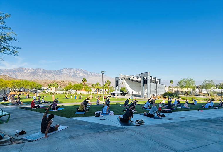 Cathedral City residents gathered at a regular 'Yoga at the Amphitheater' event