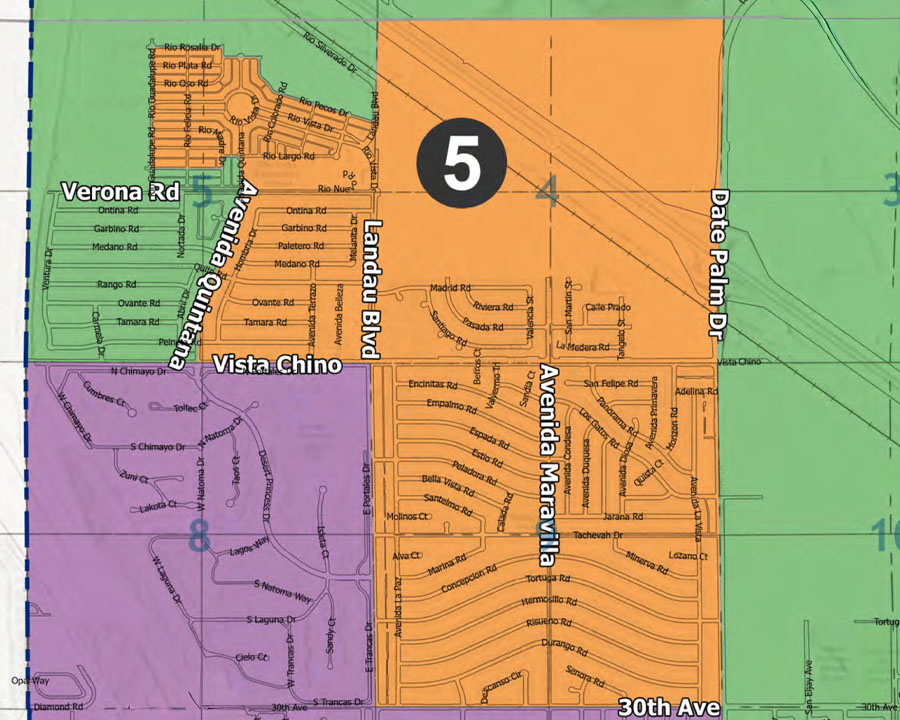 Map-style graphic of Cathedral City District 5 neighborhoods