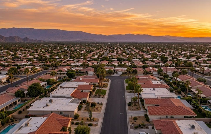 Cathedral City neighborhood homes at sunset