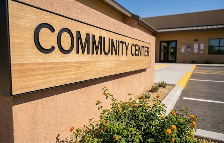 A concept image of a community center in Cathedral City with a sign that reads 'Community Cneeter'