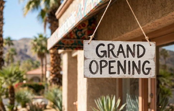 A local business storefront with a sign that says 'Grand Opening' as a concept graphic for new businesses in Cathedral City